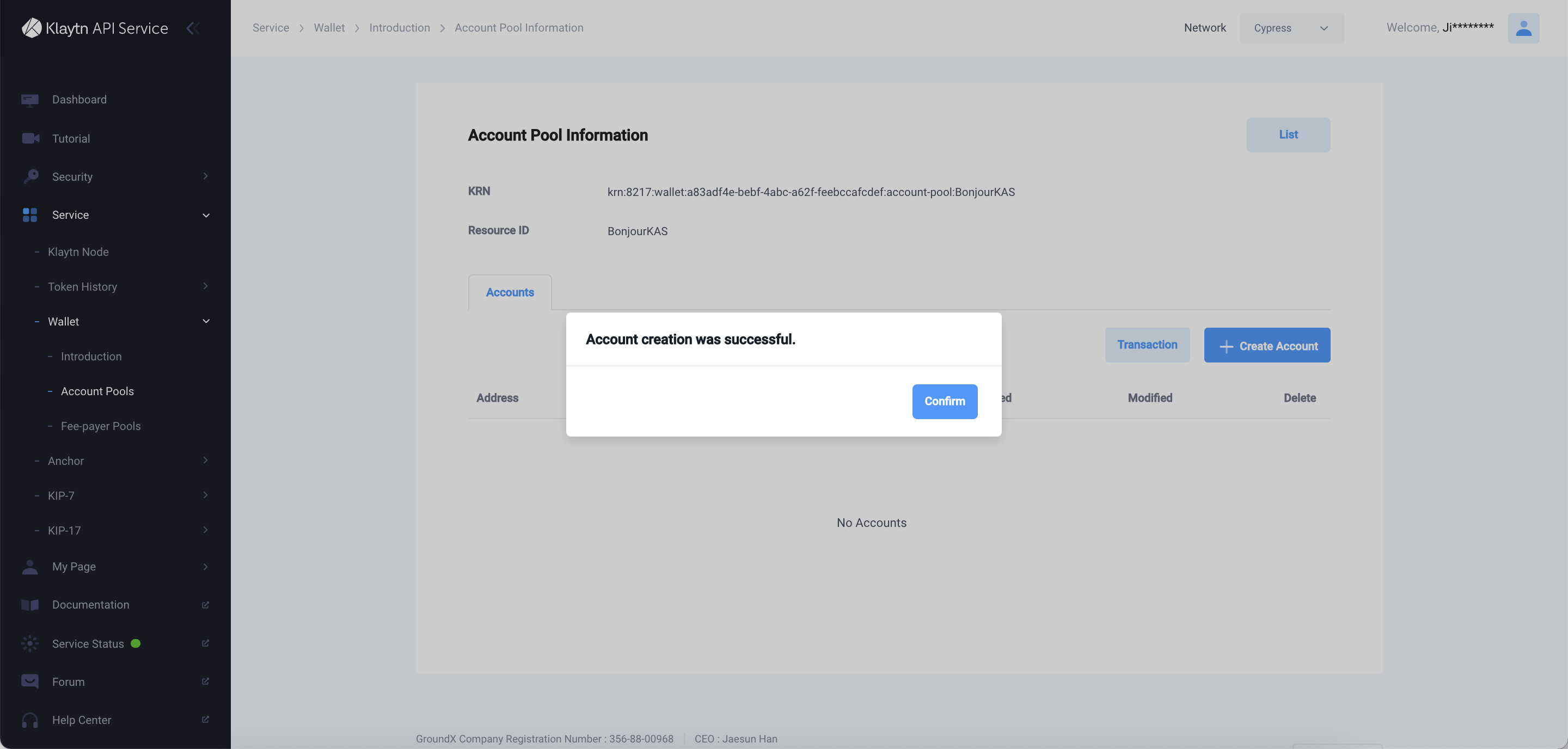 Creating an account in the selected account pool