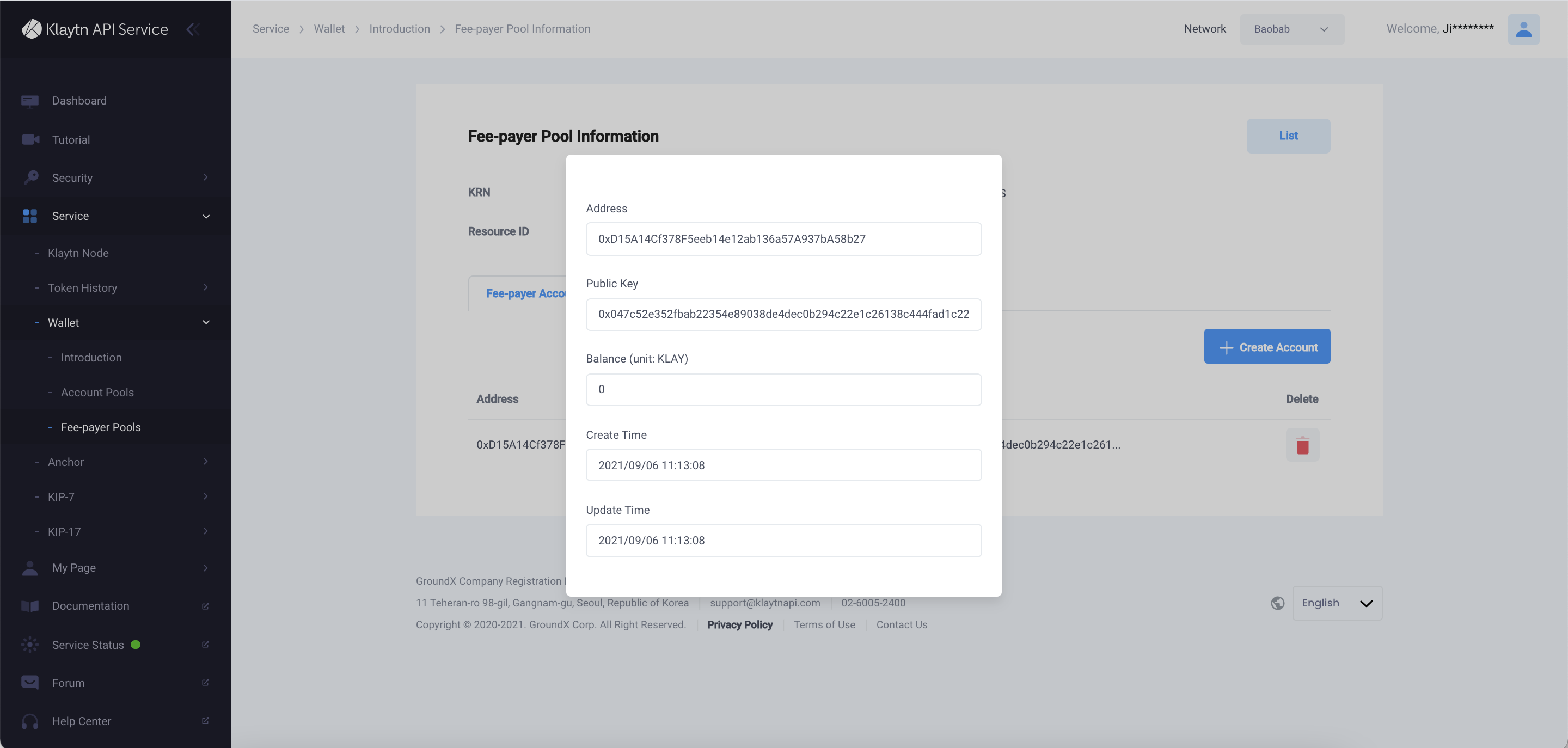 Details of Created Fee-payer Account